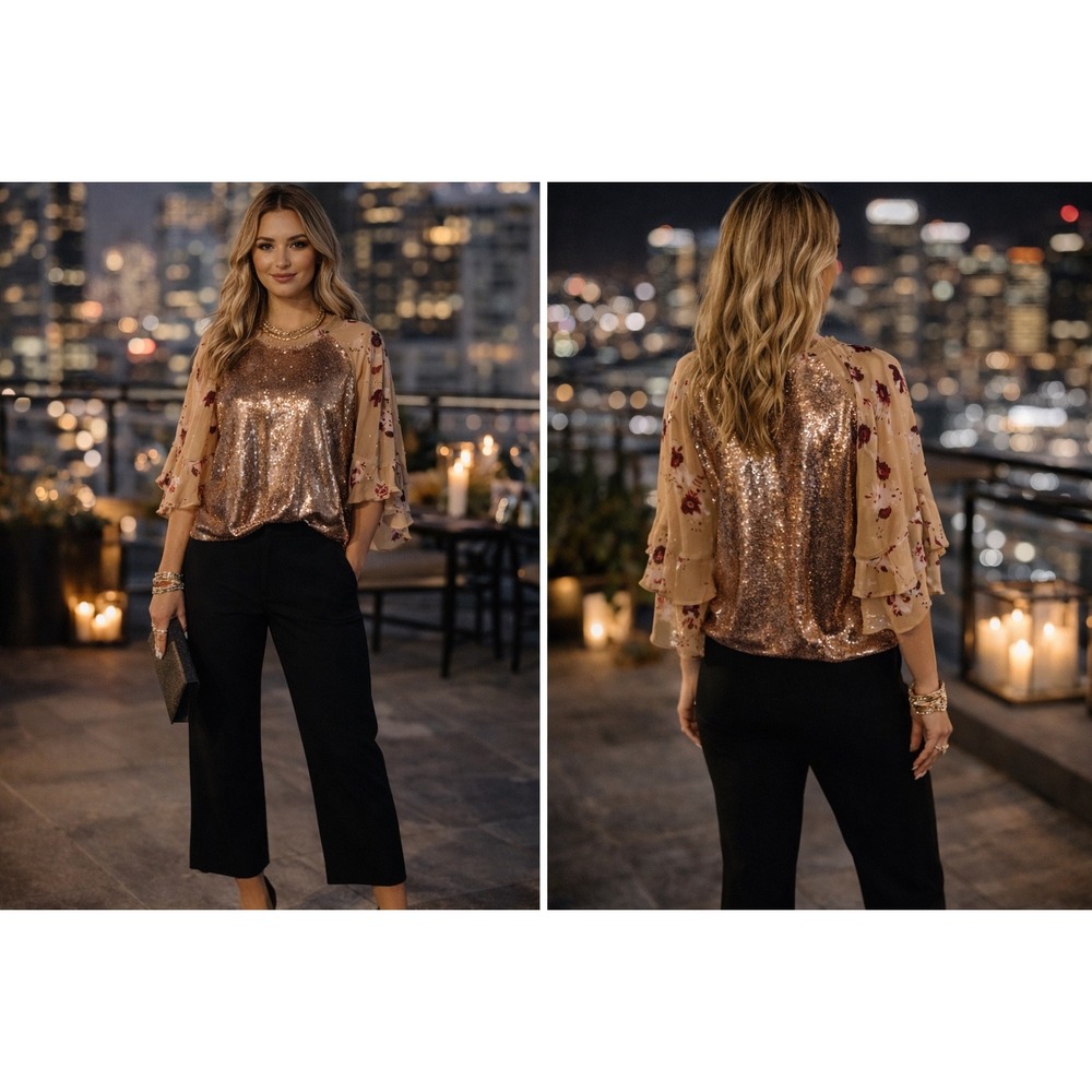 NWT $128 Free People Skimmy & Shake Sequin Floral Tiered Bell Sleeve Top XS